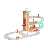 Owl & Fox Traditionelle Holz-Spielgarage – Dreistöckige Garage mit Rampen, Tankstelle, Autowaschanlage, Parkschranke, Autos, Hubschrauber und Zubehör – Interaktives, fantasievolles Rollenspiel