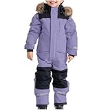 Skianzug Kinder Unisex Skioverall Wasserdicht Winddicht Schneeanzug mit Kapuze und Taschen Schneeanzüge Verdickt Thermo Einteiliges Mädchen Schneeoverall Outdoor Warme Winteranzug (Lila, 130)