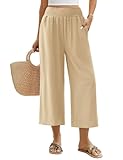Niwicee Leinenhose Damen Sommer 3/4 Culotte Leichte Weite Leinenhose Sommerhose Elastische High Waist Loose Freizeithose Elegante Lounge Hosen mit Taschen (Khaki, L)