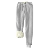 Thermo Jogginghose Damen Warme Gefütterte,Damen Jogginghose Warme Fleece Sporthosen Thermo Gefütterte Sweatpants Lang Freizeithose Elastische Taille Laufhose mit Taschen Yogahose Sport Hellgrau M