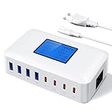 200W USB Ladegerät Mehrfach, RENGOGA 8 Port USB C Ladegerät GaN USB C Schnellladegerät mit LED Display, 65W USB Ladestation Stecker Charger Adapter für MacBook iPad Pro Air iPhone 16 15 14 Galaxy S24
