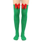 Strümpfe Naht Halterlos Lange Damensocken Bowknot Farbsocken Oberschenkelhohe Socken Overknee-Socken Festival Weihnachten Violette Strümpfe (Green, One Size)
