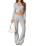 Fiacafyo Y2k Damen-Outfits, gerippt, 2-teilig, langärmelig, mit Reißverschluss, bauchfreies Top und figurbetonte lange Hose, Trainingsanzüge, Loungewear (A-Hellgrau, S), A-Light Grau, S