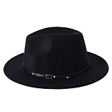 QUUPY Klassischer Jazzhut für Damen und Herren, Vintage-Stil, breite Krempe, Fedora-Hut mit Ledergürtelschnalle, Filz, Panama Gatsby Hut, Schwarz, Schwarz , Einheitsgröße