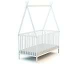 WEBABY - Babybett mit Tipi Holz 70 x 140 cm Weiß 144 x 74 x 86,5 cm | Gitterbett mit Lattenrost 3 Stufen Höhenverstellba