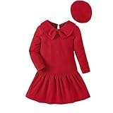Weihnachtskleid Mädchen 140, Baby Mädchen Weihnachten Kleid Weihnachtsoutfit, Kinder Weihnachten Langarm Solide Bowknot Kleider Prinzessin Kleid Kleidung Hut Outfits (Red 7 8 Years)