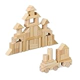 Relaxdays Holzbausteine, 100 Stück, Verschiedene Formen, Bauklötze Kinder, Bausteine stapeln & Bauen, Buchenholz, Natur