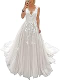 JAEDEN Brautkleider V-Ausschnitt Tüll Spitze Hochzeitskleider für Damen A-Linie Standesamt Kleid mit Schleppe Weiß 38