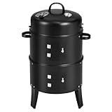 Fiorky Vertikaler Holzkohle-Räucherofen mit integriertem Thermometer, BBQ-Räuchergrill mit Entlüftung, runder BBQ-Grill zum Kochen im Freien, Camping