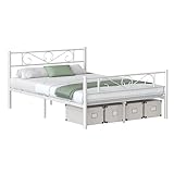 VASAGLE Bett 140 x 200 cm, Gästebett, Doppelbett aus Metall, Bettgestell, Bettrahmen, Metallbett, einfache Montage, mattweiß RMB064WG01