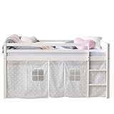 Homestyle4u 1888, Kinderbett 90x200 Weiß Hochbett mit Treppe Vorhang Sterne Bettgestell Holz Kiefer Kinderzimmer