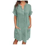 hemdblusenkleid damen, Musselin Kleid Damen Leicht Luftig Sommerkleid Strandkleid V-Ausschnitt Knopfleiste Shirtkleid Freizeitkleid Sommer Kurzarm Blusenkleid Midikleid Locker Elegant Hemdkleid XL