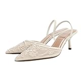 Damen Embroidered Mesh Slingback Heels - Thin Heels Pointed Toe Elastisch Strap Elegant Party & Dress Schuhe für Frauen Damen Mädchen Weiß Große 37