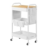 SONGMICS Rollwagen, Küchenwagen, 3 Metallgitterablagen, Servierwagen, 2 abnehmbare Hängebehälter, 2 Organizer, für Büro, Küche, Wohnzimmer, Badezimmer, wolkenweiß LRC036W01