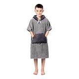 Badeponcho Kinder 100% Baumwolle hellgrau –Poncho Kinder Badetuch, Handtuch Poncho Kinder mit Kapuze - Mädchen und Jungen Surfponcho, Umziehhilfe, Strand schwimmen Kapuzenbadetuch 6-13 Jahre