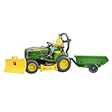 bruder 62104 - Bworld John Deere Rasentraktor mit Anhänger & Gärtner - 1:16 Traktor Rasenmäher Anhänger Landwirtschaft Bauernhof Mann Spielzeug-Figur Arbeiter Bauer Landwirt Set