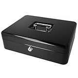 Westcott Geldkassette abschließbar (groß, 30 cm) Schwarz | Abschließbare Box aus Stahlblech mit 2 Schlüsseln | Herausnehmbare Einlage für Münzen mit 5 Fächern | E-51002 BLACK