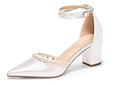 Coutgo Damen-Pumps mit Perlen und klobigen Absätzen, Hochzeitsschuhe für die Braut, geschlossener spitzer Zehenbereich, Knöchelriemen,, Weiss/opulenter Garten, 38 EU
