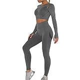 OEAK Damen Sportanzüge Jogginganzug Sport Sets Hosen und Sport Crop Top 2 Stücke Bekleidungssets Yoga Outfit Freizeitanzug Sportswear,Dunkelgrau C,M