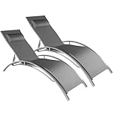 tectake 2er Set Gartenliege, Aluminium Sonnenliege, wetterfest, ideal für Garten, Balkon, Terrasse, praktischer Liegestuhl, inklusive Kopfpolster, 5-Fach verstellbare Rückenlehne - grau
