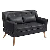 HollyHOME Klein Sofa Zweisitzer Sofa mit Holzbeinen 117cm 2 Sitzer PU-Leder Gepolstertes Kleines Couch für Wohnzimmer Schlafzimmer Büro Wohnheim, Schwarz
