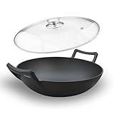 VONOTO Gusseisen-Wok mit Griffen, Gusseisen-Grillpfanne (Wok mit Deckel, 30,5 cm)