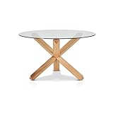 KHG Esstisch Rund 130 cm Durchmesser Glas - Massives Eichen-Gestell, Glastischplatte bis 90 kg belastbar - Küchentisch im Skandi Look