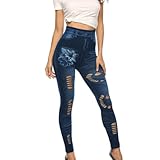 Leggings Mit Fleece Damen Winter Tights Damen Größe Hosen Frauen Long Plus Jeans Hight Denim Jeans Länge Stretch Taille Yoga-Hosen Leggings Baumwolle Winterhose Damen Gefüttert (Bule, XXL)