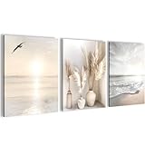 Novart Wandbilder Set Strand Meer Boho - KOMPLETT AUFHÄNGFERTIG - Wohnzimmer Schlafzimmer Flur Deko - 3 Moderne Bilder Beige - N029435a