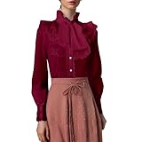 Damen Bluse Vintage Schleifenhemd Stehkragen mit Rüschen Langarmshirt Mittelalter Bluse Gothic Spitzenbluse mit Rüschen lässige Outfits Karneval Shirt für den Alltag