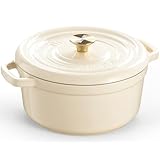 Overmont Bräter Emailliert Gusseisen Topf - Dutch Oven 26cm backofengeeignet mit Deckel und Kochbuch - für Braten Küche Backen Schmoren Weiß