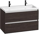 Saqu Gaia Badezimmer Badmöbel Set 100x52 cm Vormontiert - Schlossbraun grifflos mit Wasbecken und Unterschrank