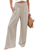 Imuedaen Leinenhose Damen Sommer Hose Casual Leinen Leicht Hosen Weites Bein Palazzo Freizeithose Hohe Taille Einfarbig Sommerhose Stoffhose mit Taschen (Khaki, S)