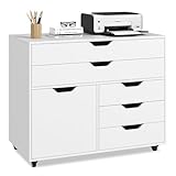 COSTWAY Rollcontainer mit 5 Schubladen, mobiler Aktenschrank mit Tür, Arbeitsplatte & Rollen, Rollwagen Schubladenschrank modern für Büro Wohnzimmer, 79 x 39 x 65cm