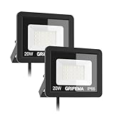 GRIFEMA 20W LED Strahler Außen, [2 Stück] 2200LM, 6500K Kaltweiß, IP66 Wasserdicht, Verstellbarer 180° Halter, für Garten, Garage, Hof, Außenbeleuchtung, Ohne Stecker, Schwarz