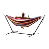 Doppel-Hängematte mit Metallständer für Camping und Garten, starke Belastung, tragbar und platzsparend, für drinnen und draußen, Hängematte mit Tragetasche, gestreifter Druck, rot
