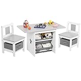 Yorbay Kindertisch mit 2 Stühle, Kindertisch mit Stauraum, 3tlg Kindersitzgruppe, Sitzgruppe für Kinder, Maltisch für Kinderzimmer, Spielzimmer, Vorschüler, Kindermöbel (Grau)