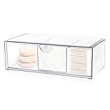 Pavlleen Badezimmerschrank Wattepadspender, Wattestäbchen Behälter, Acrylbox Schubladen Make-up Organizer 3 Fächer, Für Wattestäbchen, Make-up Eier, Haargummis, Zahnseide-Sticks, Transparent