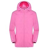 duxyoz Regenmantel für Damen, wasserdicht, leicht, einfarbig, winddicht, Funktionsjacke, Outdoor, schnell trocknend, Windbreaker, Sonnenschutz, Kapuze, Radfahren, Sportjacke, 01 Rosa, L