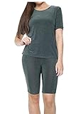 HINA FASHION Damen-Trainingsanzug-Set, kurzärmelig, Rundhalsausschnitt, einfarbiges T-Shirt und Radhose, 2-teiliges Sportanzug-Set, khaki, 8-10