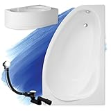 BADLAND Badewanne Original Weiß Acryl Wanne Eckbadewanne MAREA 160x100 Rechts KOMPLETTSET SET mit Weiß Acrylschürze + Füßen und Exklusive Chrom Automatik Ablaufgarnitur Made in EU 4in1