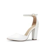 DREAM PAIRS Damen Coco High Heels Chunky Block Pumps Spitzeschuh Geschlossene Zehen Knöchelriemen Abendkleidung Schuhe,Size 39,Weiss/Pu,Coco