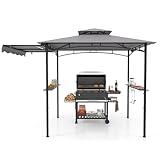 COSTWAY Grillpavillon mit Seitenmarkise, Doppeldach, 2 Seitenregalen & Haken, Gartenpavillon BBQ Pavillon, Grillüberdachungen wetterfest, Grillunterstand Garten Partys, 318x153x250 cm (Grau)