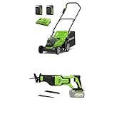 Greenworks 48V (2x24V) Kabelloser Akku Rasenmäher, 36 cm Schnittbreite, 2 x 24V 4Ah-Akkus & Doppelladegerät + Greenworks GD24RS Akku Säbelsäge, OHNE 24V Akku & Ladegerät, 3 Jahre Garantie