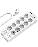 Steckdosenleiste 10 Fach mit USB C,Überspannungsschutz Mehrfachsteckdose 2 Schalter mit 2 USB A und 2 USB C(5V 3,4A 17W) Wandmontage Schreibtisch mit 2m Kabel,Kindersicherung- Weiß
