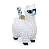 Relaxdays Lama Spardose, mit Sonnenbrille, Geschenkidee & Deko, Alpaka Sparbüchse aus Keramik, HBT 15,5 x 11 x 6cm, weiß