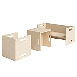 Bellabino AKI Kindersitzgarnitur - Kindermöbel Set 3 teilig - 2in1 Kinderhocker/Beistelltisch aus Holz Natur - Montessori Wendebank Birke - multifunktionale Sitzgruppe - Kindertisch mit Kinderstuhl