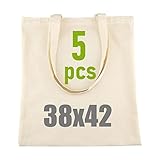 IDEA HOME 5 Stück Baumwolltasche 38x42cm - Jutebeutel Groß - Stoffbeutel Unbedruckt, Personalisierung Möglich – Bestickung oder Bemalung - Stofftasche mit zwei langen Henkeln - Ökotex 100 Zertifiziert