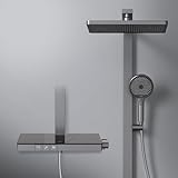 EMKE Duschsystem mit Thermostat Duschset Duschsäuleset mit 40cm Thermostatische Platte, Brausestange, Handbrause mit 4 Strahlstärken,Regendusche mit Armatur, Anthrazit Matt