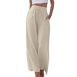 CGGMVCG Damen-Leinenhose für den Sommer, einfarbig, lässig, modisch, Kordelzug, lockere Hose, weites Bein, Palazzo-Hose, beige, L
